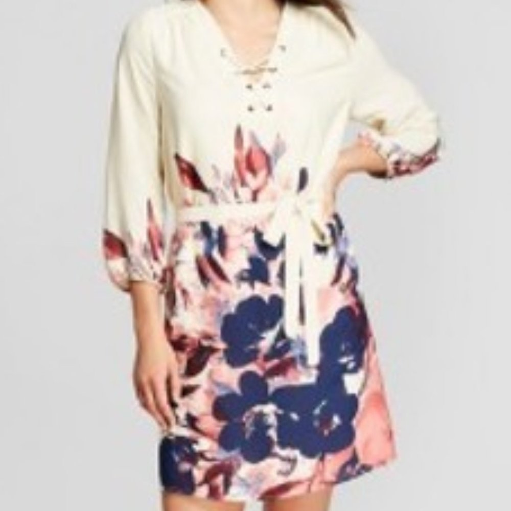 Lace Up Tunic Dress Cottagecore Peasant Dress Feminine Floral Dress